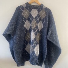 Argyle Men’s Jumper 100% Wool Blue Knitted Sweater Pullover 