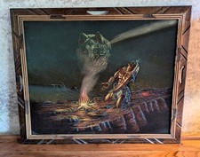 Sanchez Black Velvet Painting Native American Wolf 56cm X 47 cm Vintage Rare