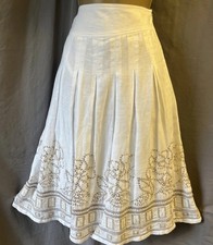 M&S White Pleated Linen Flare Sz 12 Bronze Sequin Embroidered Autumn Lined Skirt
