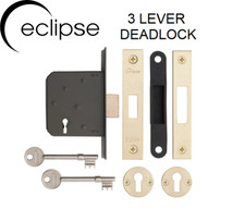 ECLIPSE Brass or Chrome Face 3 Lever Mortice DeadLock 63mm Case Depth