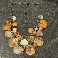 Preloved AVON Orange, Brown Bead And Shell choker Necklace, Antique Gold Tone