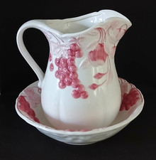 Vintage Ceramic Water Pitcher Matching Jug & Bowl Set Cherries and Pears Design