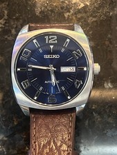 SEIKO SNKN37 Men's Recraft Series Day Date Ind Leather Band Blue Dial Watch