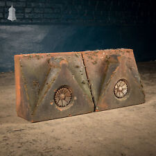 Parapet Coping Bricks, Decorative Rose Detail, 19th C Weathered Red Clay, Pair