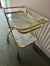 Vintage 2-Tier Folding Tea Drinks Trolley Gold-Tone Marble-Effect GC *Some wear