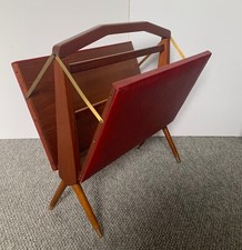 VINTAGE 1950’S FOLDING MAGAZINE RACK MID CENTURY TEAK BRASS ATOMIC SPUTNIK LEGS