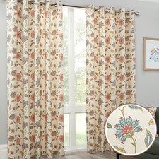 Floral Eyelet Curtains Ring Top Curtain Pair Faux Embroidered Flowers Ready Made