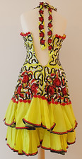 XS LATIN DANCE DRESS COSTUME YELLOW FLUORESCENT COLOURFUL FLOWERS SEQUIN VINTAGE