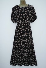 NEXT BLACK FLORAL MIDI TEA DRESS SIZE 12 PUFF SLEEVES