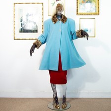 Vintage 80s Italian Wool Swing Coat | Turquoise Blue Leopard Faux Fur Collar
