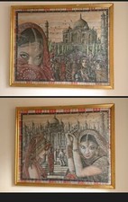 Pair Of Painted Indian Asian Women & Landscape Art Paintings. Local Artist