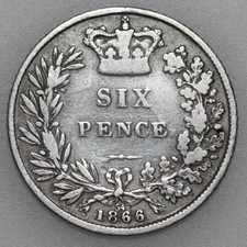 1866 VICTORIA YOUNG HEAD SIXPENCE, DIE NUMBER 54, BRITISH SILVER COIN, FINE