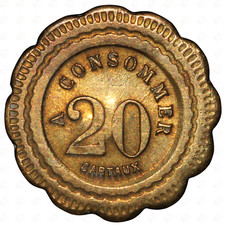 France 20 Centimes A Consommer Token – Stamped 6 – Undated – Brass