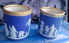 Pair Of Early 20th Century Wedgwood Dark Blue Jasper Dip Vases - Silver Plated