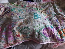 Quilted Throw Beautiful Indian Embroidered/ Embelished Heavy Cotton 50ins× 90ins
