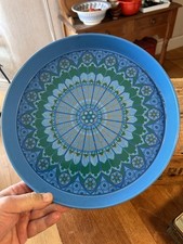 Vintage Blue Patterned Mid-Century Round Metal Serving Tray - Retro!