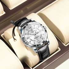 Mens Leather Watch Quartz Man
