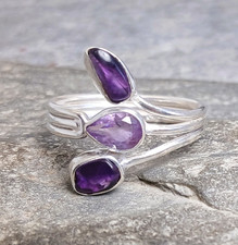 925 Silver Cut Rough Amethyst Adjustable Ring Sz R/S-8.5/9 R911~Silverwave*uk