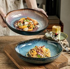 Large Wide Ceramic Plates and Stackable Serving Bowls Sets for Pasta Blue&Brown 
