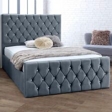 NEW OTTOMAN STEEL GREY PLUSH VELVET UPHOLSTERED BED FRAME DOUBLE & KING SIZE!