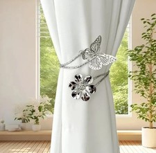 2 x Curtain Tiebacks Silver Butterfly Flower Design Curtain Holdbacks Metal