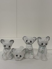 4 Vintage Panda Bear Porcelain China Ornaments With Green & Black Detailing VGC