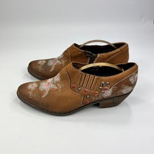 Replay Womens Brown Leather Embroidered Ankle Boots UK 6 Western Low Profile Zip