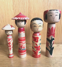 Japanese Kokeshi doll x4, hat, red stripes, vintage, wooden, signed, H12-9cm