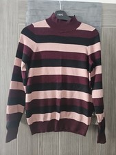 Ladies F&F At Tesco Burgundy Red Striped Glittery High Neck Thin Jumper Size 8