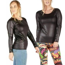 Womens Long Sleeve Black PVC Wet Faux Leather Look T-Shirt Plus Size Top 8-26