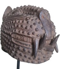  Fine, Rare and Old Benin Bronze Leopard head Container. Superb example. Nigeria