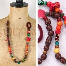 Fat Face Style Long Necklace Colourful Wood Glass Resin Beads Arty Bold Tribal
