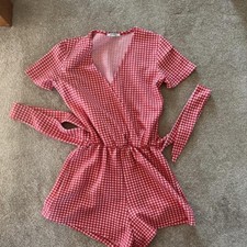 ZARA Red Checked Gingham Playsuit Crossover V-neck Tied Bow Jumpsuit S