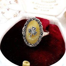 Antique Edwardian yellow peking glass clover marcasite 925 sterling silver ring