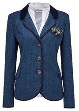  Joe Browns Blue Herringbone Jacket with Brooch Size 16