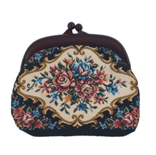 Clutch Purse Tapestry Needlepoint Style Floral Red Lucite Frame Kiss Clasp Vtg