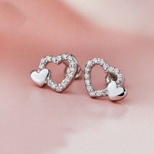 1Ct Round Diamond Sweet Hollow Heart-Shaped Stud Earrings in 14k White Gold Over