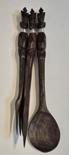 Vintage Set African Hand-Carved Wooden Spoon, Knife & Fork Tribal Figures 36cm