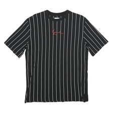 KARL KANI Mens Black & White Pinstripe Graphic T-Shirt S Short Sleeve Crew Neck
