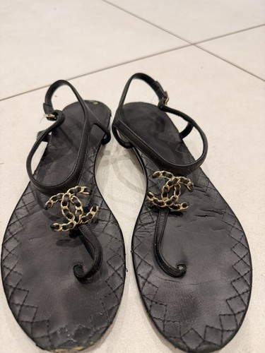 Chanel black leather thong - chanel,