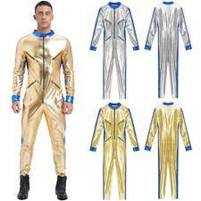 UK Mens Shiny Astronaut Costume Zipper Front Body Jumpsuit Unitard Space Suit