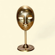 Vintage Brass Theatre Mask on Stand, Art Deco Style Face Sculpture, Home Decor