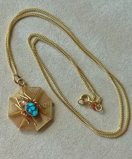 RARE ANTIQUE EDWARDIAN 9ct GOLD PERSIAN TURQUOISE SPIDER & WEB PENDANT NECKLACE