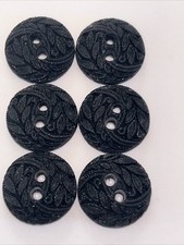 6 x Decorative Black Plastic Two Hole Buttons With Leaf Design