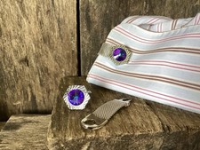 Vintage Mod Cufflinks Detachable Wrap Around Straps Purple Rivoli Crystal