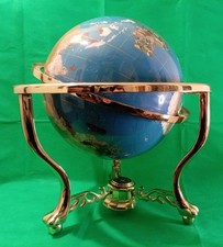 Globe Revolving World Map Blue Semi-precious Gemstone Lapis 3 Legged Brass 50Cm