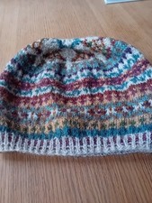 Hand Made Knitted Fairisle Style Hat 100% British Breeds Wool. Unworn  One Size.