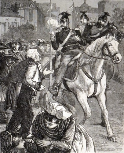 Uhlans entering french town - french,
