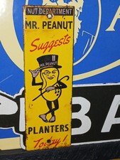 VINTAGE PLANTERS PEANUTS PORCELAIN SIGN OLD NUT SNACK FOOD MR. PEANUT DIECUT