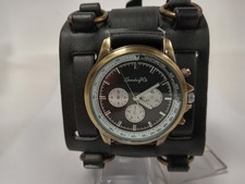 Hip Hop Gothic Punk Style Chronograph Watch 3" Wide Black Leather Cuff Strap 